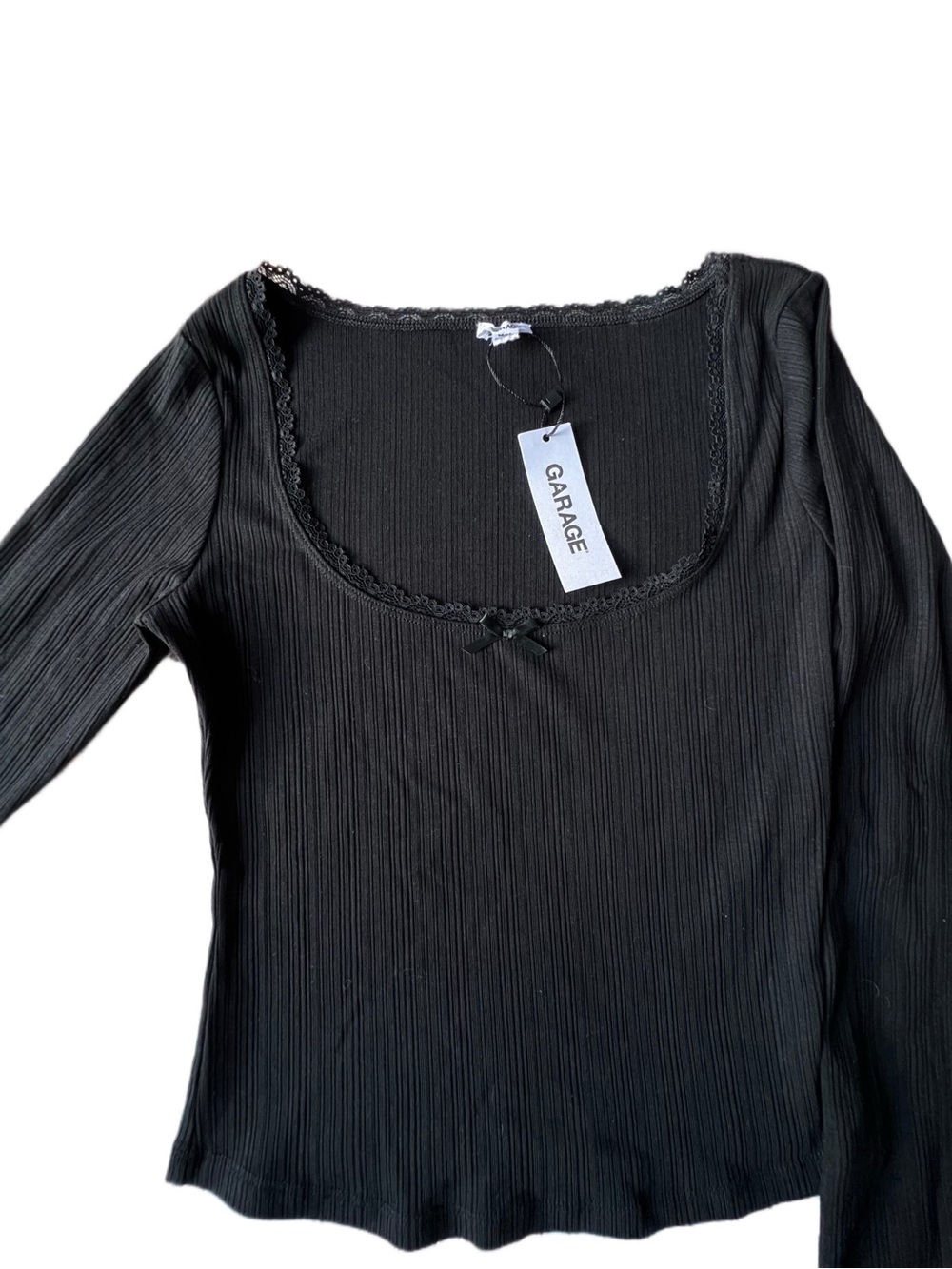 Garage Black Ribbed Lace-Trim Long Sleeve Scoop Top